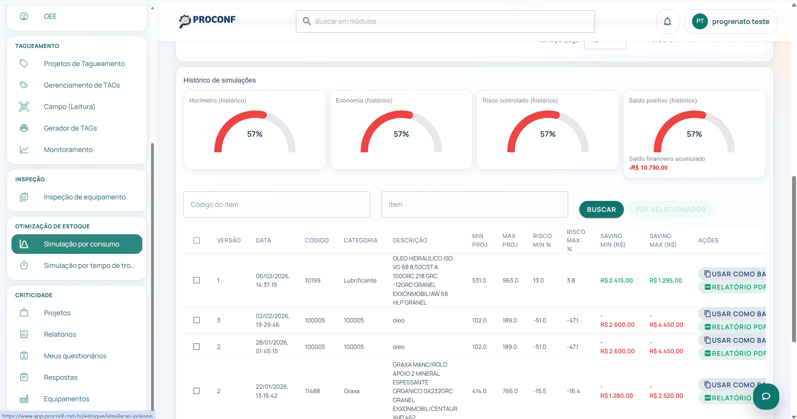 Tela de estoque com visao de sobressalentes e controle de disponibilidade