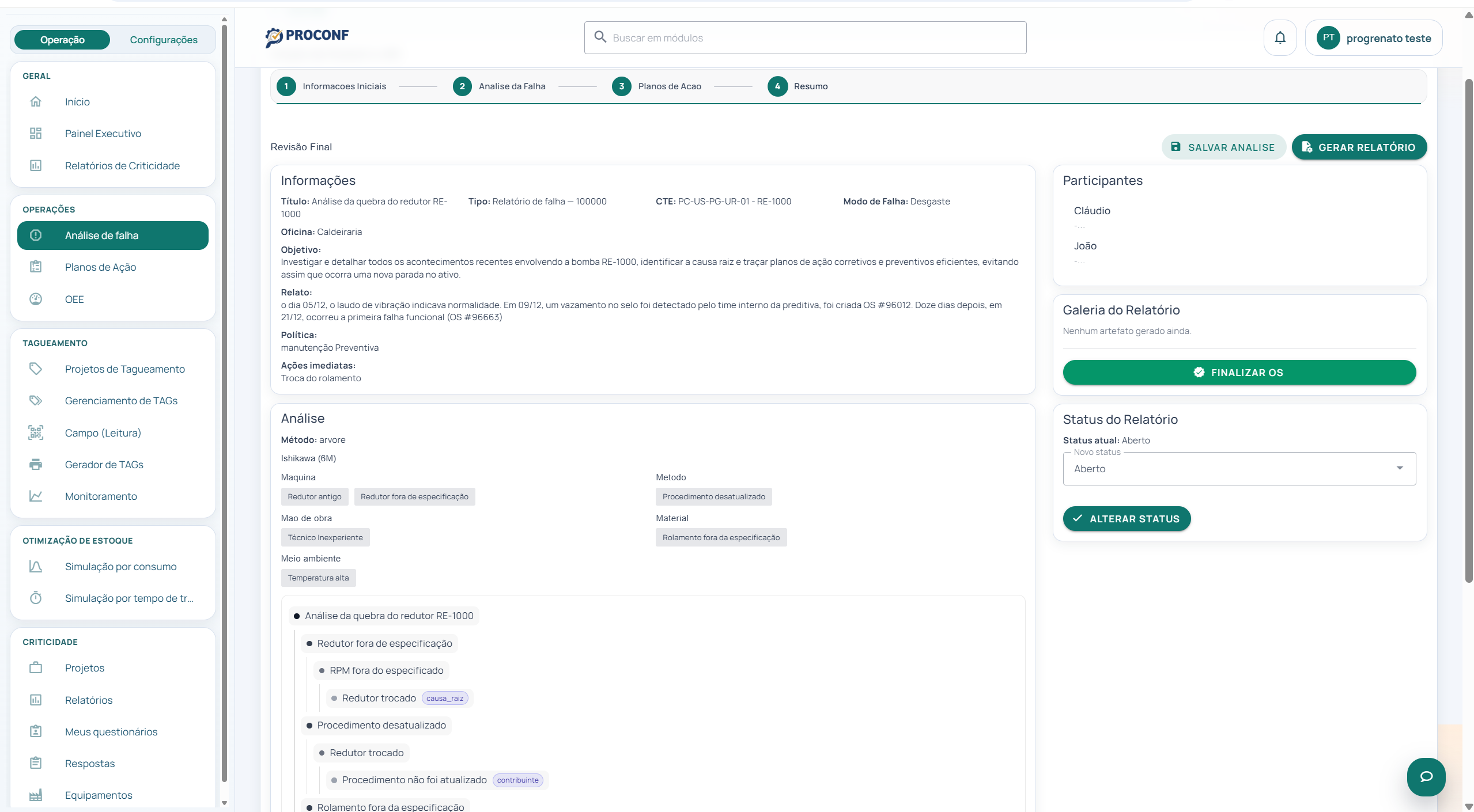 Tela de relatórios da análise de falha com status e filtros